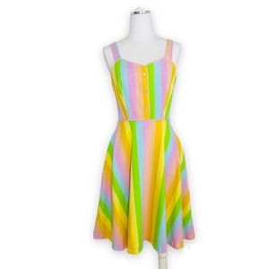 Joonbird Womens Dress Fit & Flare 80s Pastel Rainbow Stripe Pockets Sz Large $98